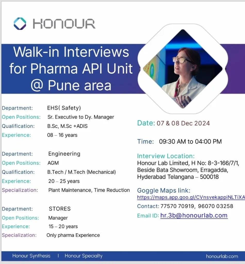 Honour Lab for QC / QA / Production / EHS / Stores / Projects / Engineering Honour Lab for QC / QA / Production / EHS / Stores / Projects / Engineering