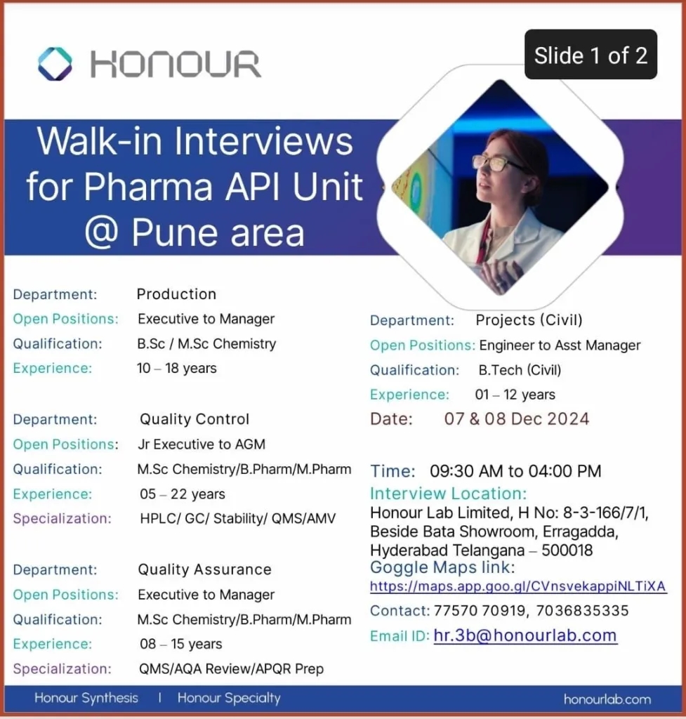 Honour Lab for QC / QA / Production / EHS / Stores / Projects / Engineering Honour Lab for QC / QA / Production / EHS / Stores / Projects / Engineering