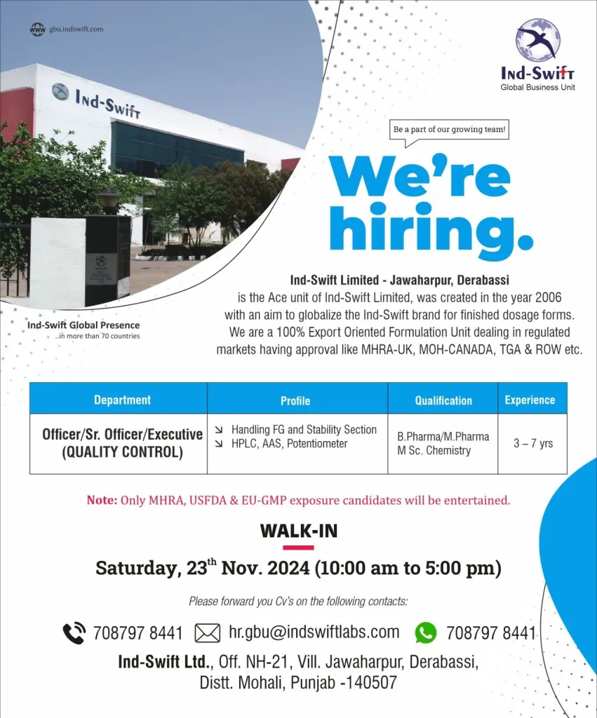 Ind-Swift Limited Hiring for Quality Control - M.Sc, B.Pharm, M.Pharm Ind-Swift Limited Hiring for Quality Control - M.Sc, B.Pharm, M.Pharm