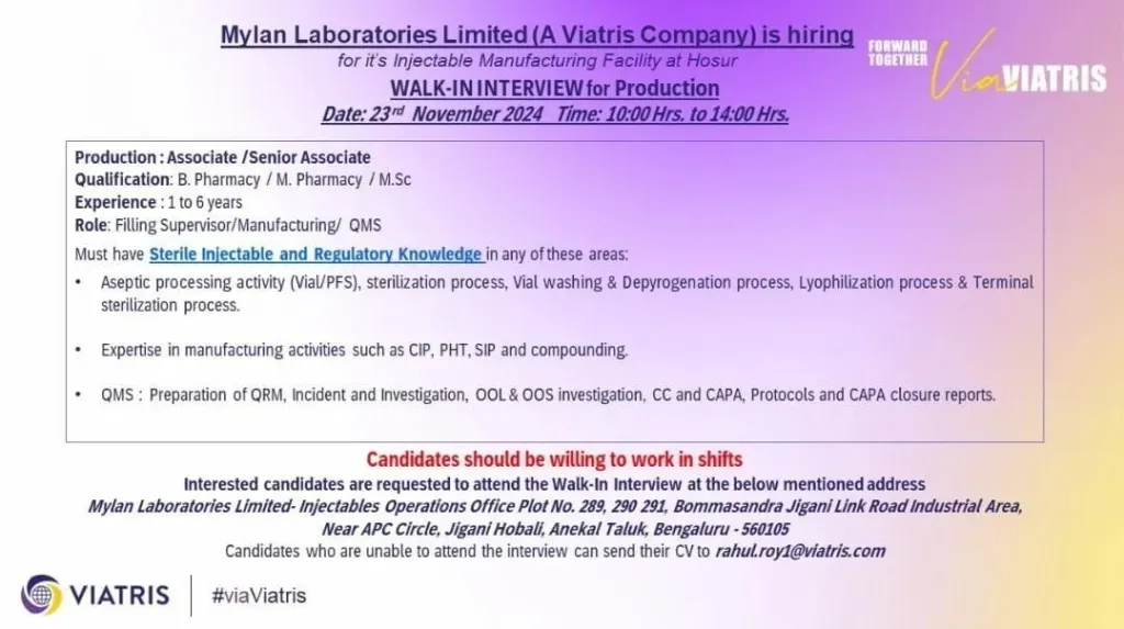 Mylan Laboratories Hiring for Production - B. Pharmacy / M. Pharmacy / M.Sc Mylan Laboratories Hiring for Production - B. Pharmacy / M. Pharmacy / M.Sc