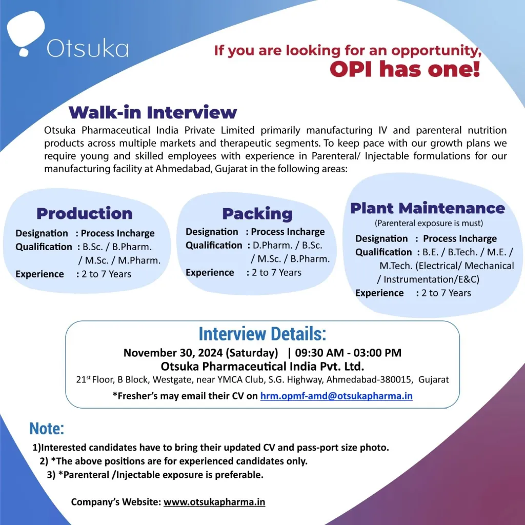 Otsuka Pharmaceutical Hiring for Production / Packing / Maintenance Otsuka Pharmaceutical Hiring for Production / Packing / Maintenance
