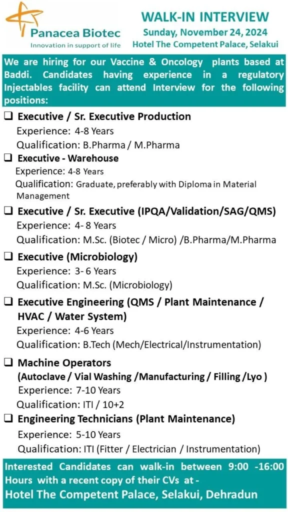 Panacea Biotec Hiring for Production / QA / Microbiology / Warehouse / Engineering / Machine Operators Panacea Biotec Hiring for Production / QA / Microbiology / Warehouse / Engineering / Machine Operators