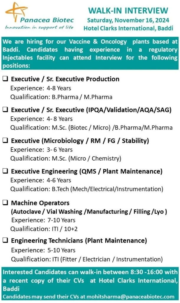 Panacea Biotec Hiring for Production / QA / QC / Engineering / Machine Operators Panacea Biotec Hiring for Production / QA / QC / Engineering / Machine Operators