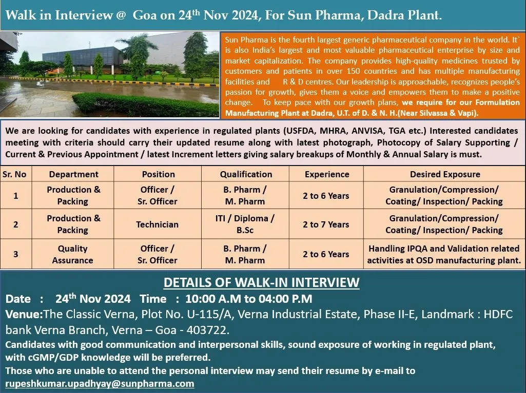 Sun Pharma Hiring for Regulatory Affairs/ Manufacturing & Packing/ Quality Assurance @Goa & Baroda Sun Pharma Hiring for Regulatory Affairs/ Manufacturing & Packing/ Quality Assurance @Goa & Baroda
