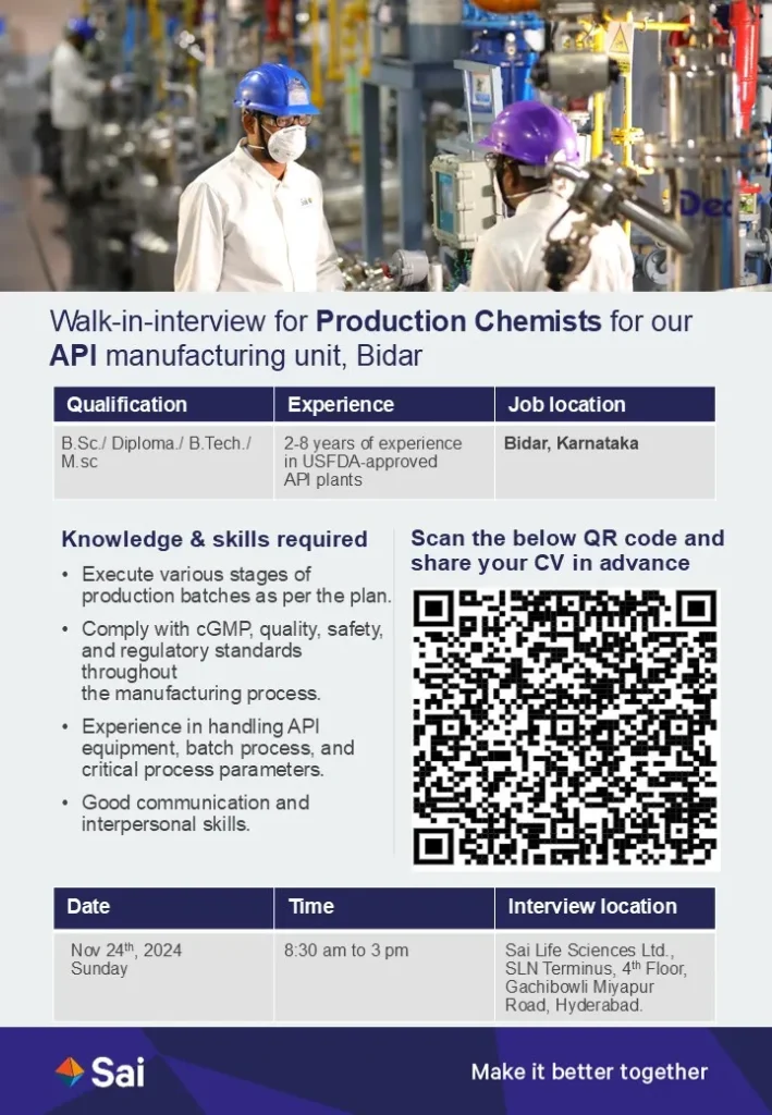Sai Life Sciences Hiring for Production - B.Tech/ B.Sc / M.Sc / Diploma Sai Life Sciences Hiring for Production - B.Tech/ B.Sc / M.Sc / Diploma