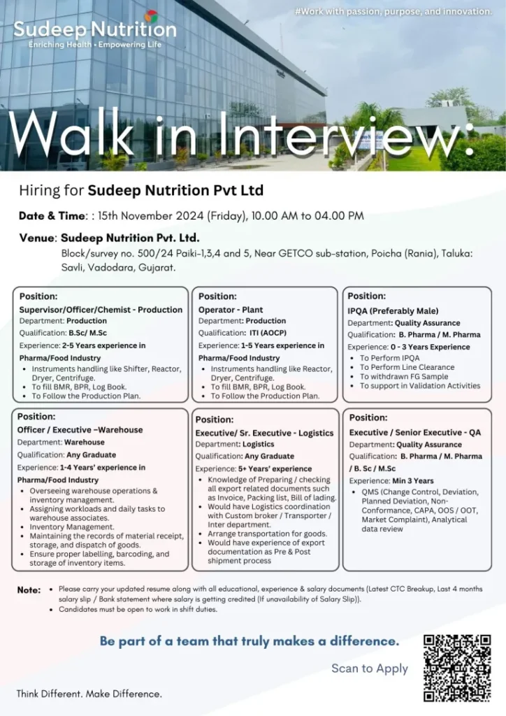 Sudeep Nutrition Hiring for Production, Quality Assurance, Warehouse, Logistics Sudeep Nutrition Hiring for Production, Quality Assurance, Warehouse, Logistics