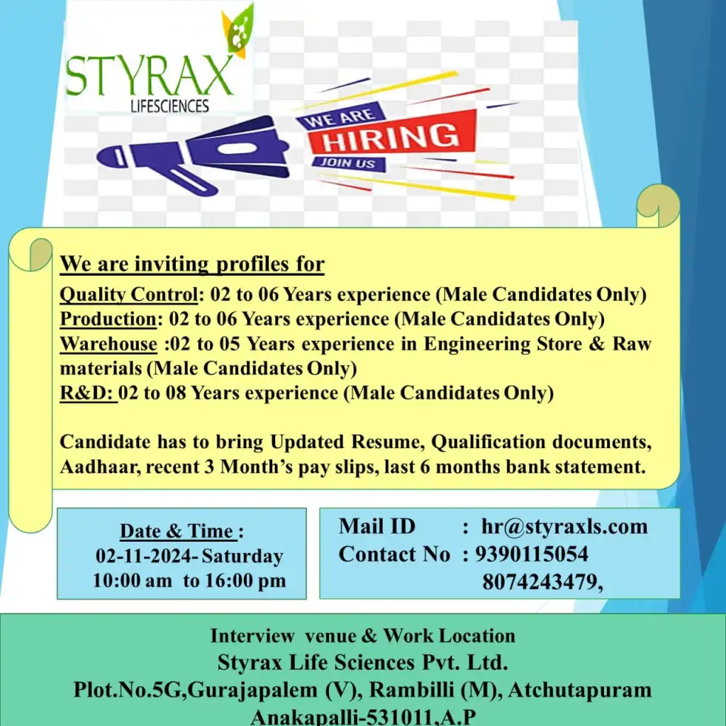 STYRAX Pharma Hiring for Quality Control / Production / R&D / Warehouse STYRAX Pharma Hiring for Quality Control / Production / R&D / Warehouse
