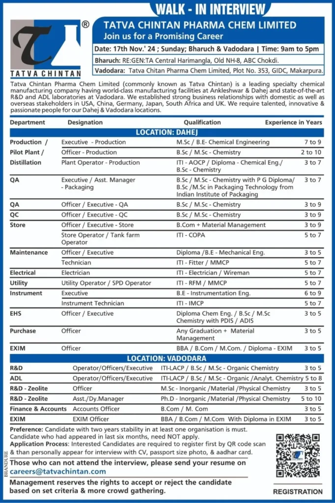 Tatva Chintan Hiring for Production / QA / QC / R&D / ADL / Store / Purchase / Maintenance / EHS / Utility / Instrument / Electrical / Finance & Accounts Tatva Chintan Hiring for Production / QA / QC / R&D / ADL / Store / Purchase / Maintenance / EHS / Utility / Instrument / Electrical / Finance & Accounts