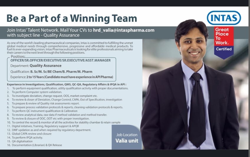 Intas Pharmaceuticals Hiring for Quality Assurance Intas Pharmaceuticals Hiring for Quality Assurance