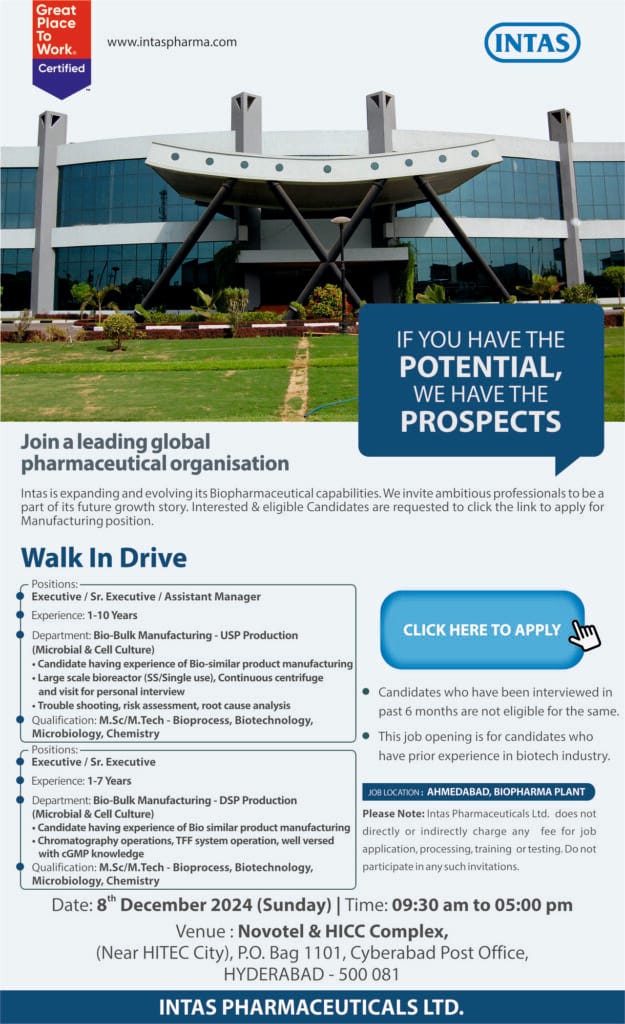 Intas Pharmaceuticals Hiring for Bio-Bulk Manufacturing Intas Pharmaceuticals Hiring for Bio-Bulk Manufacturing