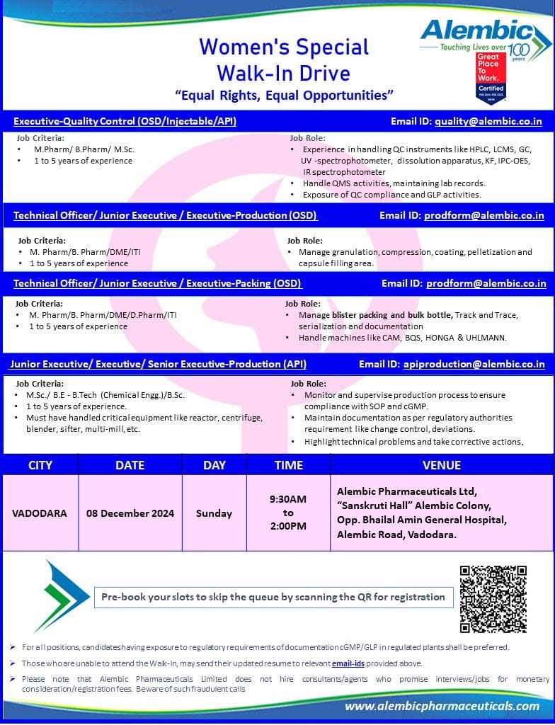 Alembic Pharmaceuticals Hiring for Quality Control/ Production/ Packing Alembic Pharmaceuticals Hiring for Quality Control/ Production/ Packing