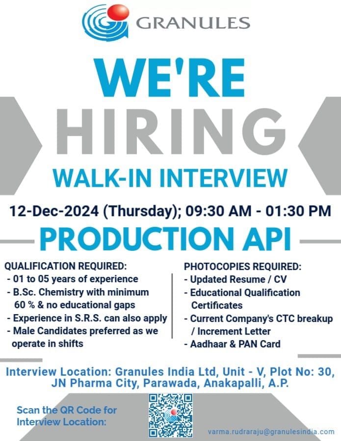 Granules India Hiring for Production API - B.Sc Granules India Hiring for Production API - B.Sc