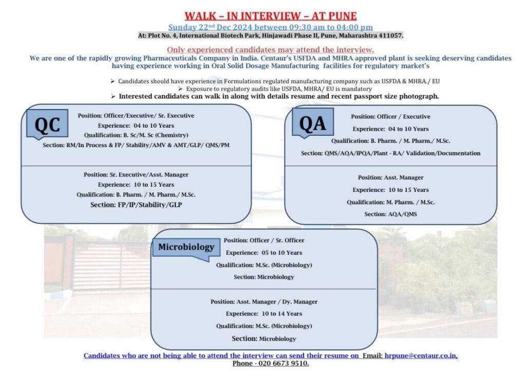 Centaur Pharma Hiring for QA, QC and Microbiology @Pune Centaur Pharma Hiring for QA, QC and Microbiology @Pune