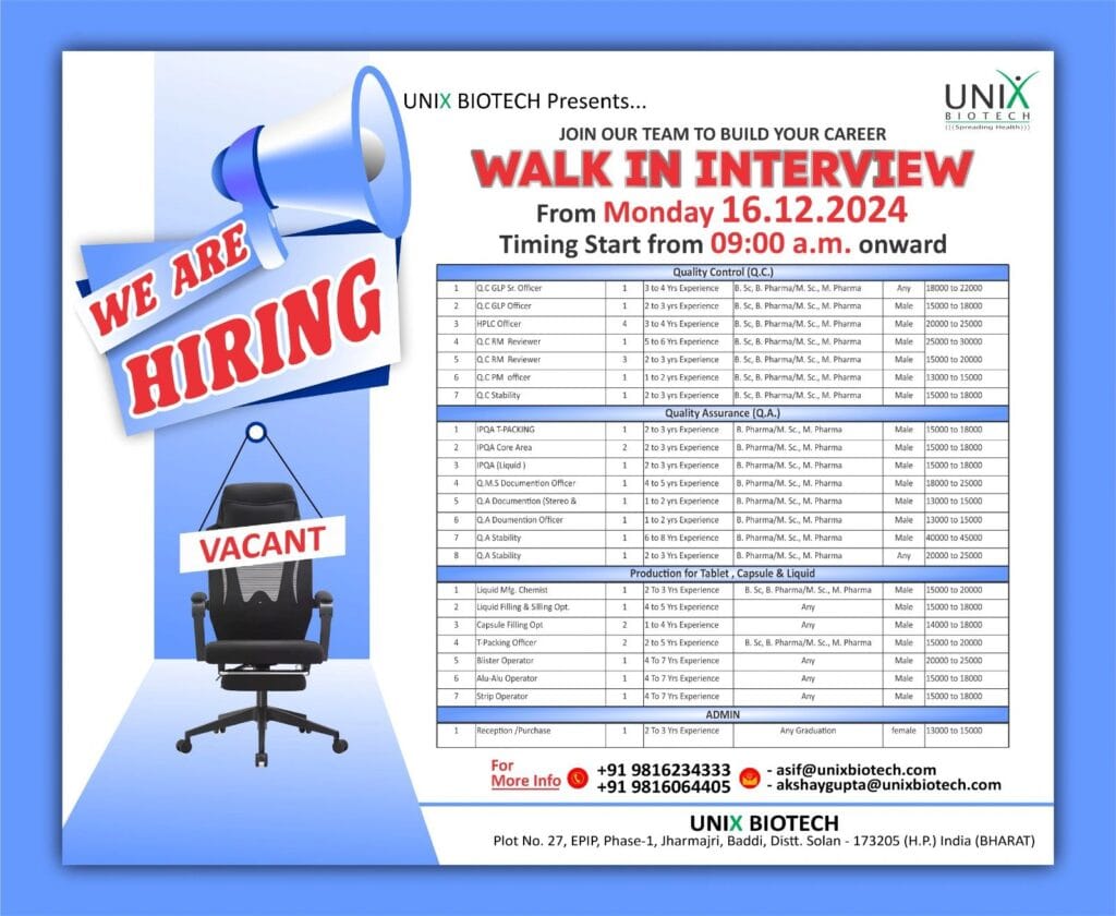 UNIX Biotech Hiring for Quality Control / Quality Assurance/ Production / Administration UNIX Biotech Hiring for Quality Control / Quality Assurance/ Production / Administration