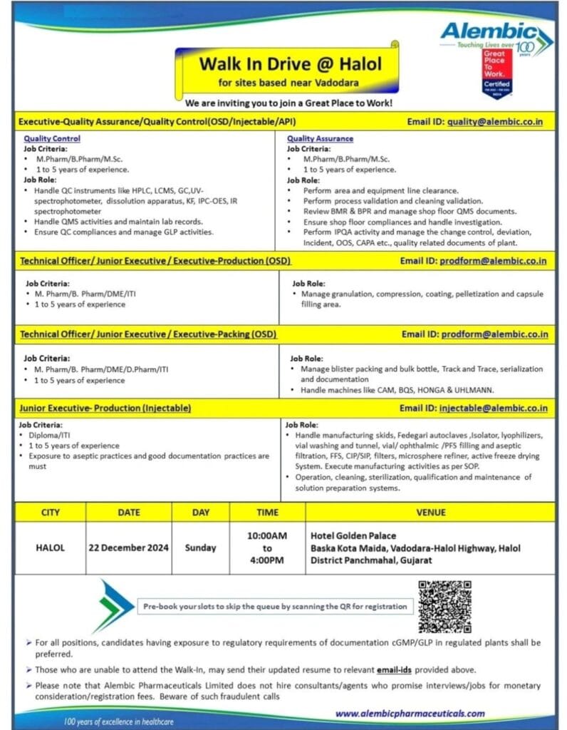 Alembic Pharma Hiring for QA / QC / Production / Packing Alembic Pharma Hiring for QA / QC / Production / Packing