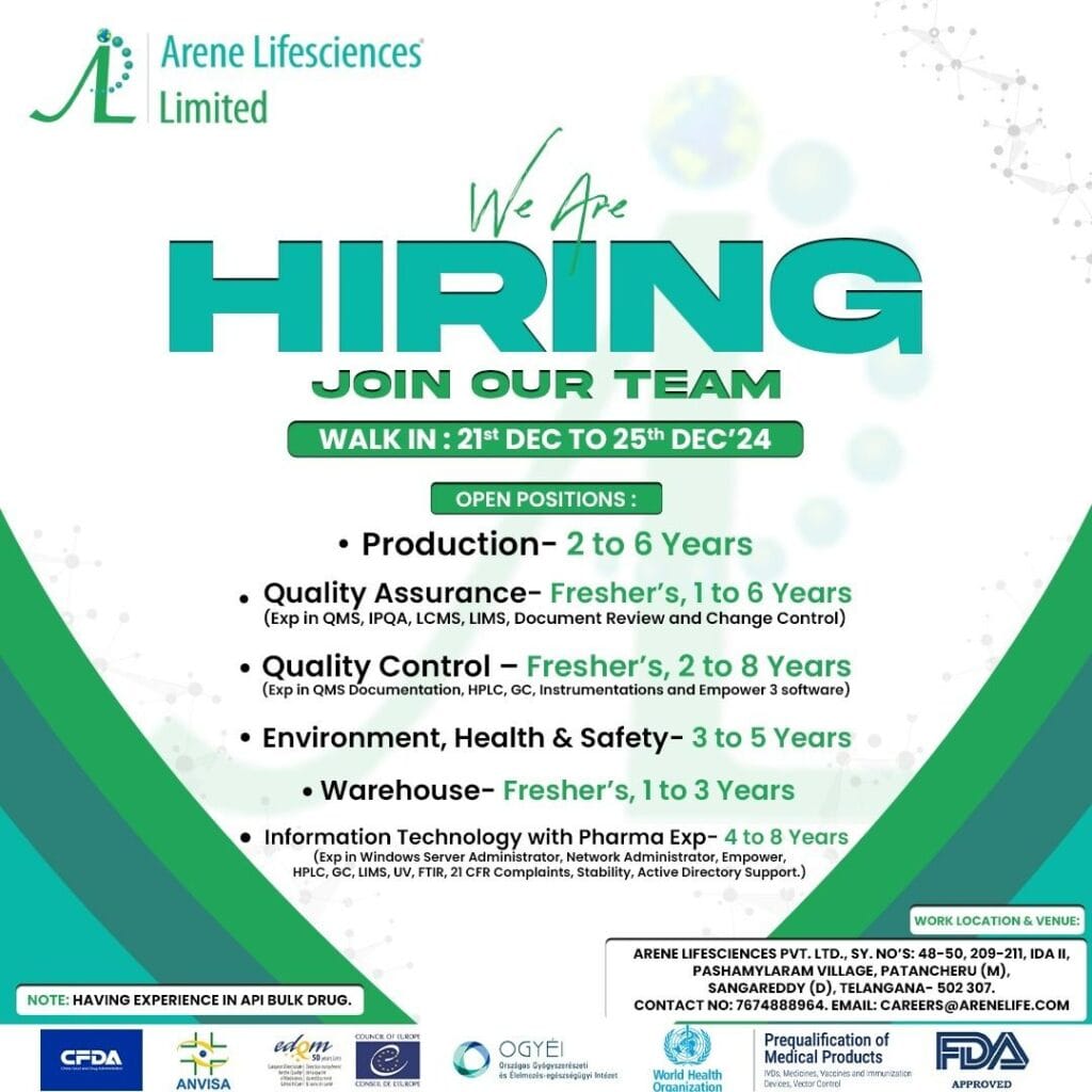 Arene Lifesciences Hiring for Production/ QA/ QC/ EHS/ Warehouse Arene Lifesciences Hiring for Production/ QA/ QC/ EHS/ Warehouse