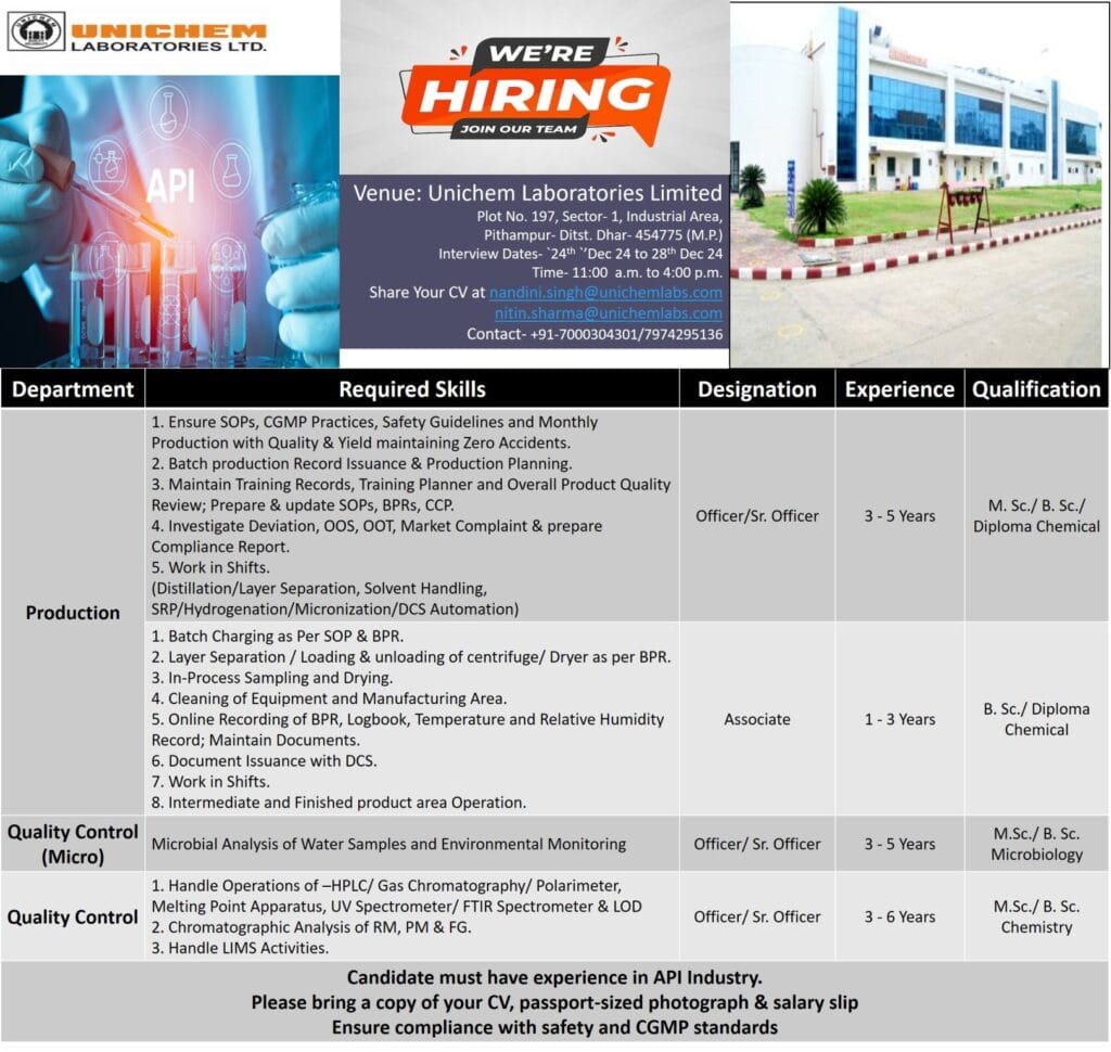 Unichem Labs Hiring for Production / QC / QC (Microbiology) Unichem Labs Hiring for Production / QC / QC (Microbiology)