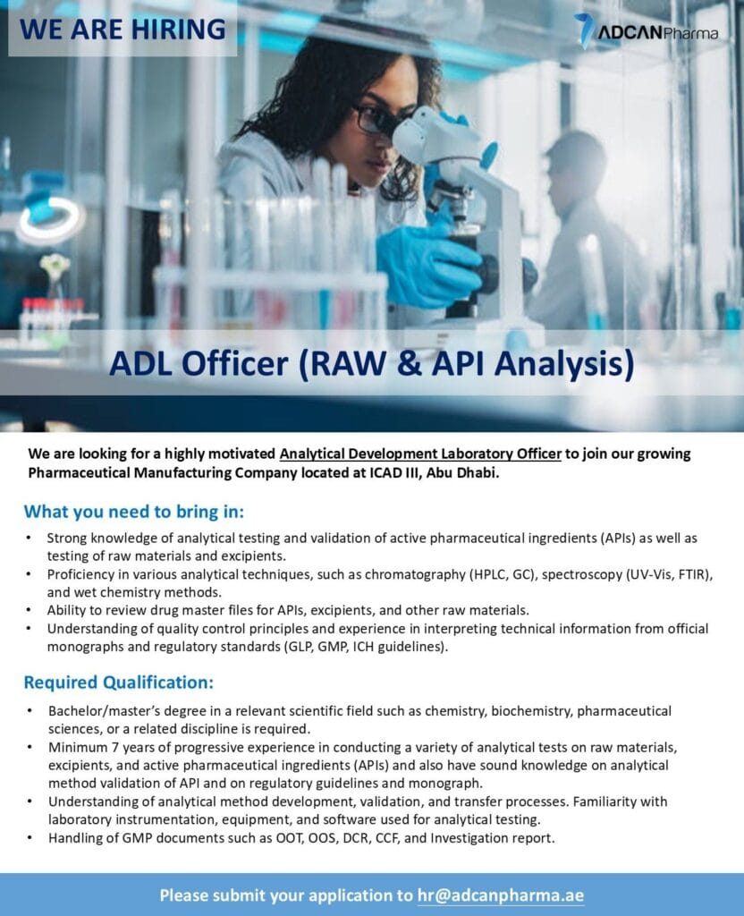 ADCAN Pharma Hiring for ADL Officer (RAW & API Analysis) ADCAN Pharma Hiring for ADL Officer (RAW & API Analysis)