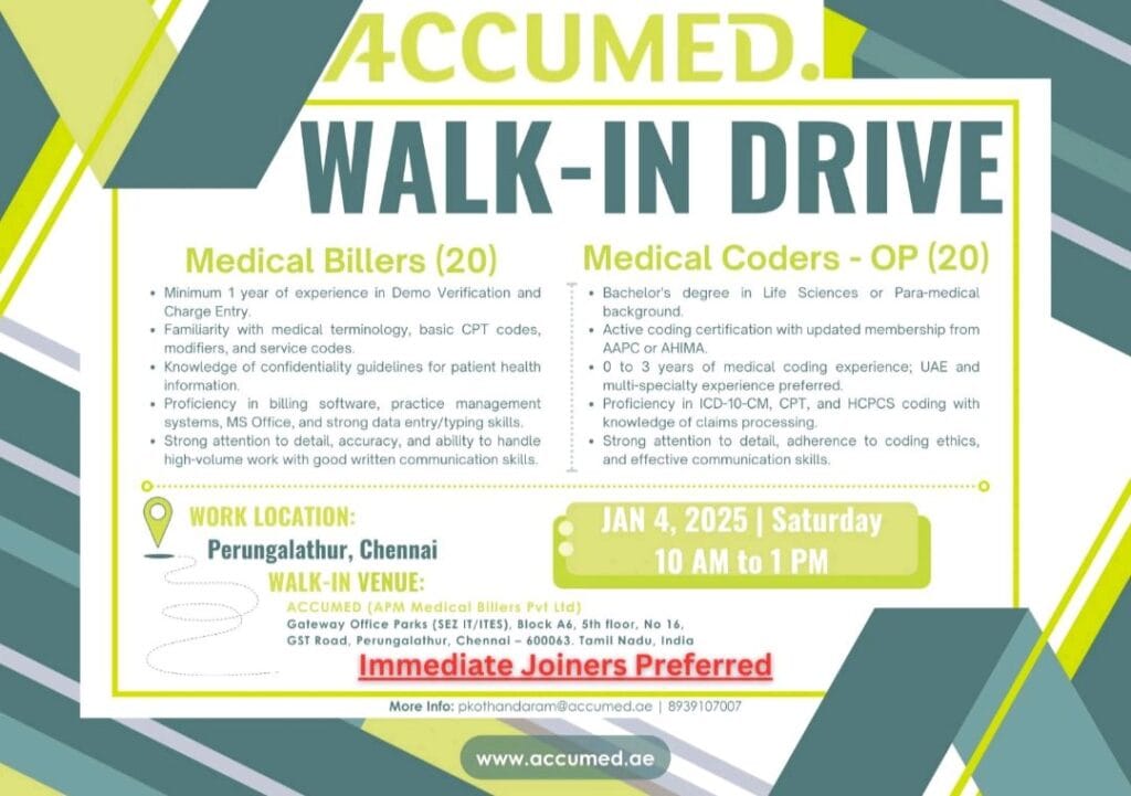 [Freshers & Experienced] ACCUMED Hiring for Medical Coders/ Medical Billers 40 Openings