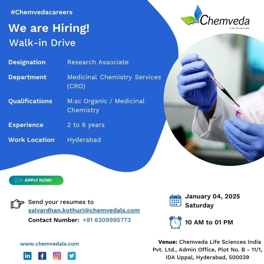 Chemveda Life Sciences Hiring for Medicinal Chemistry (CRO) Chemveda Life Sciences Hiring for Medicinal Chemistry (CRO)