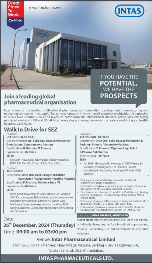 Intas Pharmaceuticals Hiring for Diploma Eng. / B.Sc / B.Pharm / M.Pharm / D.Pharm / ITI Intas Pharmaceuticals Hiring for Diploma Eng. / B.Sc / B.Pharm / M.Pharm / D.Pharm / ITI