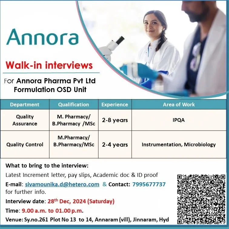 Annora Pharma Hiring for Quality Assurance / Quality Control Annora Pharma Hiring for Quality Assurance / Quality Control