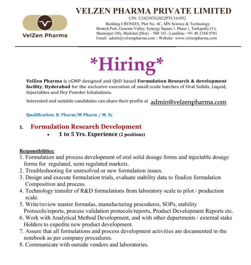 VelZen Pharma Hiring in FR&D VelZen Pharma Hiring in FR&D