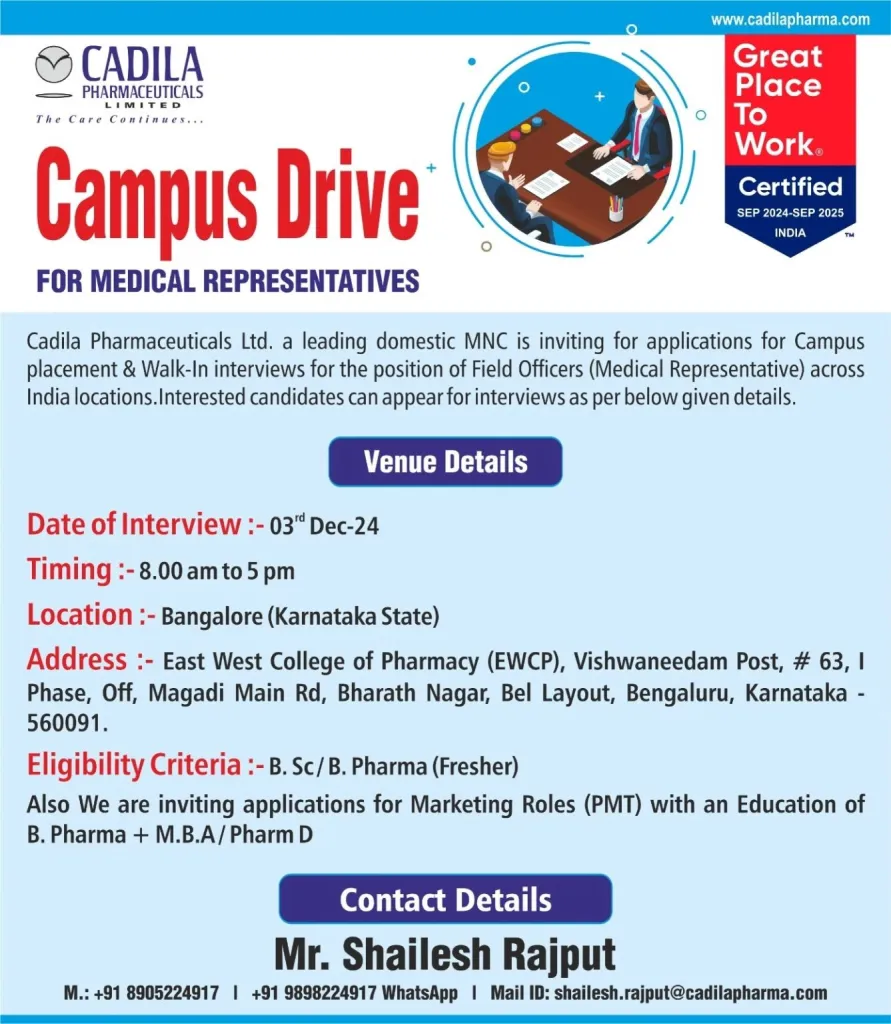 Cadila Pharmaceuticals Hiring for Medical Representatives @Bangalore Cadila Pharmaceuticals Hiring for Medical Representatives @Bangalore