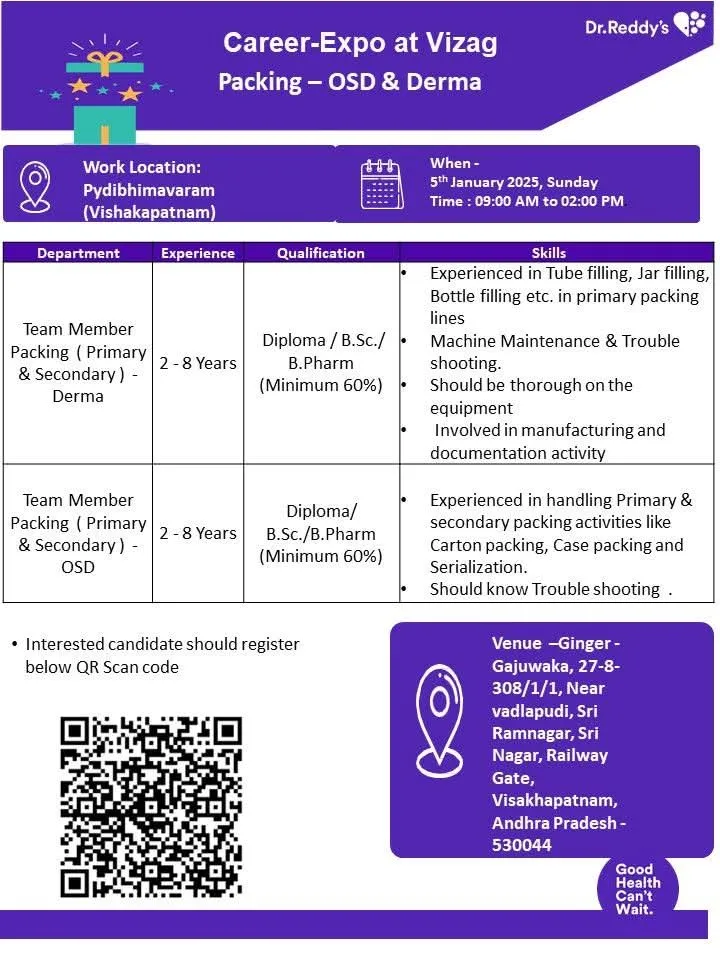 Dr. Reddy’s Laboratories Hiring for Packing (Primary and Secondary – Derma & OSD) Dr. Reddy’s Laboratories Hiring for Packing (Primary and Secondary – Derma & OSD)