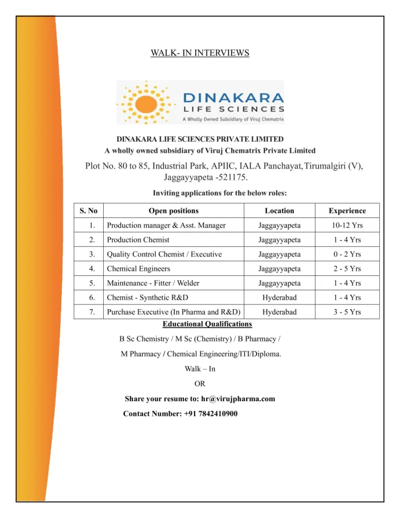 Dinakara Life Sciences Hiring for Production / QC / R&D / Synthetic R&D / Purchase / Maintenance / Chemical Engineer Dinakara Life Sciences Hiring for Production / QC / R&D / Synthetic R&D / Purchase / Maintenance / Chemical Engineer