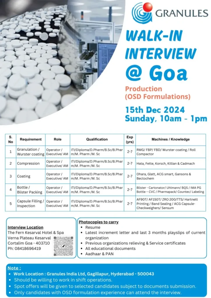 Granules India Hiring for Production - ITI / Diploma / D.Pharm / B.Sc / B.Pharm / M.Pharm / M.Sc Granules India Hiring for Production - ITI / Diploma / D.Pharm / B.Sc / B.Pharm / M.Pharm / M.Sc