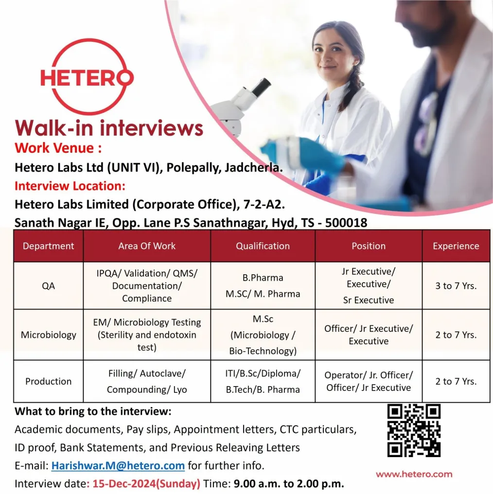 HETERO Hiring for Production, QA, QC, Microbiology HETERO Hiring for Production, QA, QC, Microbiology