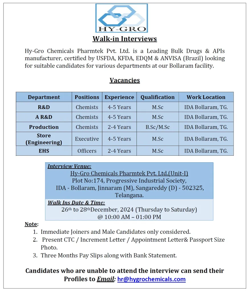 HY-GRO Chemicals Hiring for AR&D / R&D / Production / EHS / Store (Engineering) HY-GRO Chemicals Hiring for AR&D / R&D / Production / EHS / Store (Engineering)