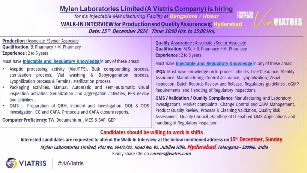 Mylan Laboratories Hiring for Production/ Quality Assurance - M.Sc/ B. Pharmacy / M. Pharmacy Mylan Laboratories Hiring for Production/ Quality Assurance - M.Sc/ B. Pharmacy / M. Pharmacy