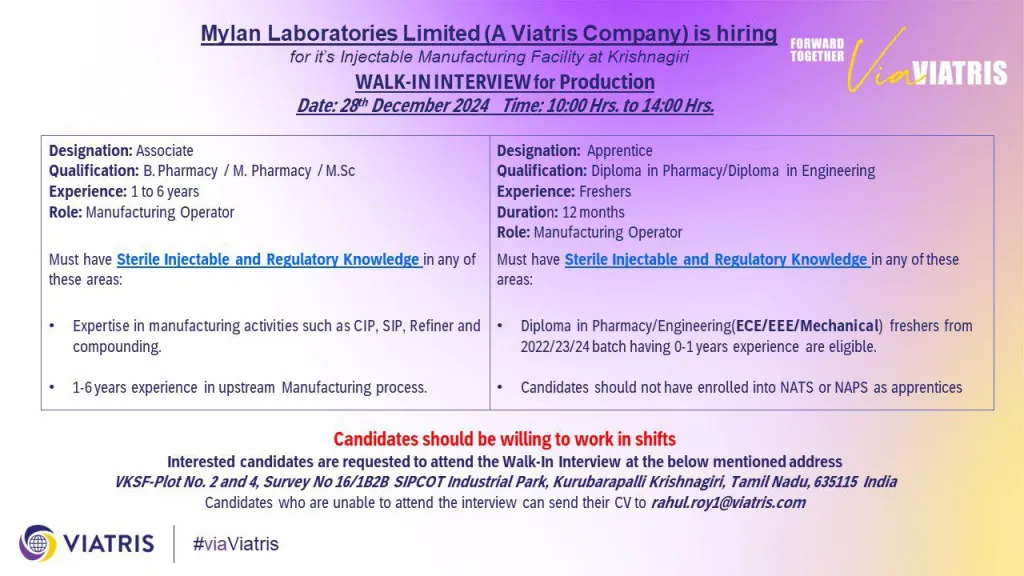 Mylan Laboratories Hiring for Production / Engineering Mylan Laboratories Hiring for Production / Engineering