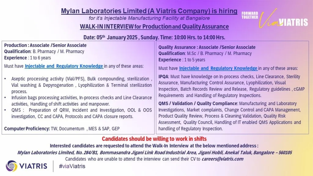Mylan Laboratories Hiring for Production/ Quality Assurance Mylan Laboratories Hiring for Production/ Quality Assurance
