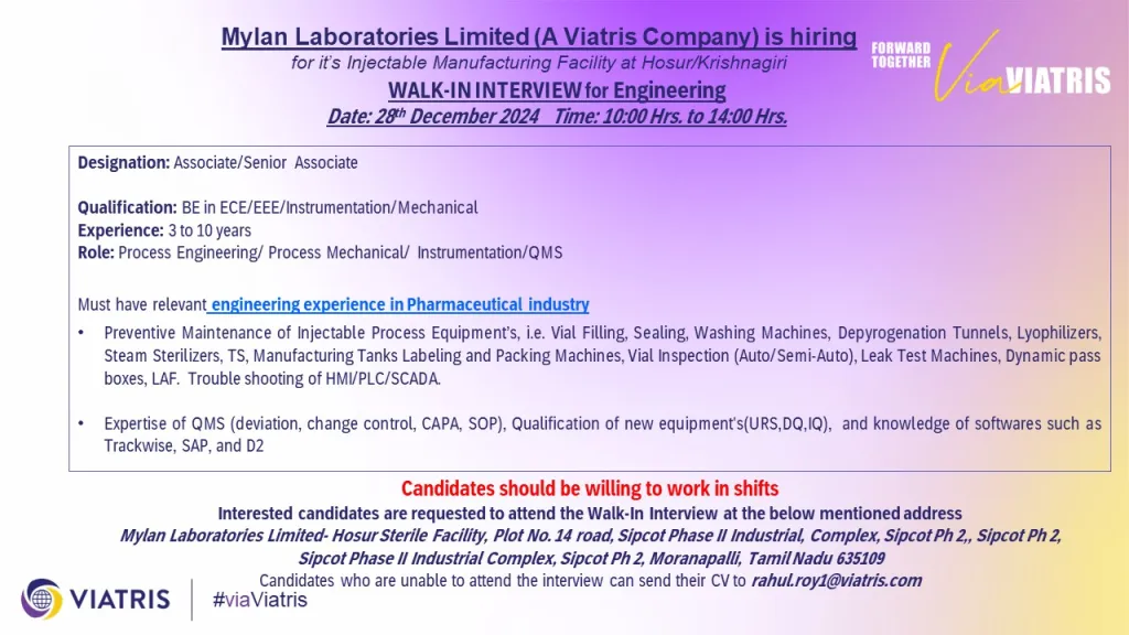Mylan Laboratories Hiring for Production / Engineering Mylan Laboratories Hiring for Production / Engineering
