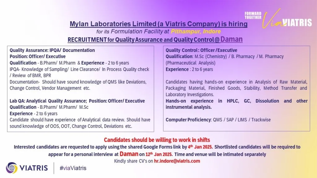 Mylan Laboratories Hiring for Quality Assurance / Quality Control Mylan Laboratories Hiring for Quality Assurance / Quality Control
