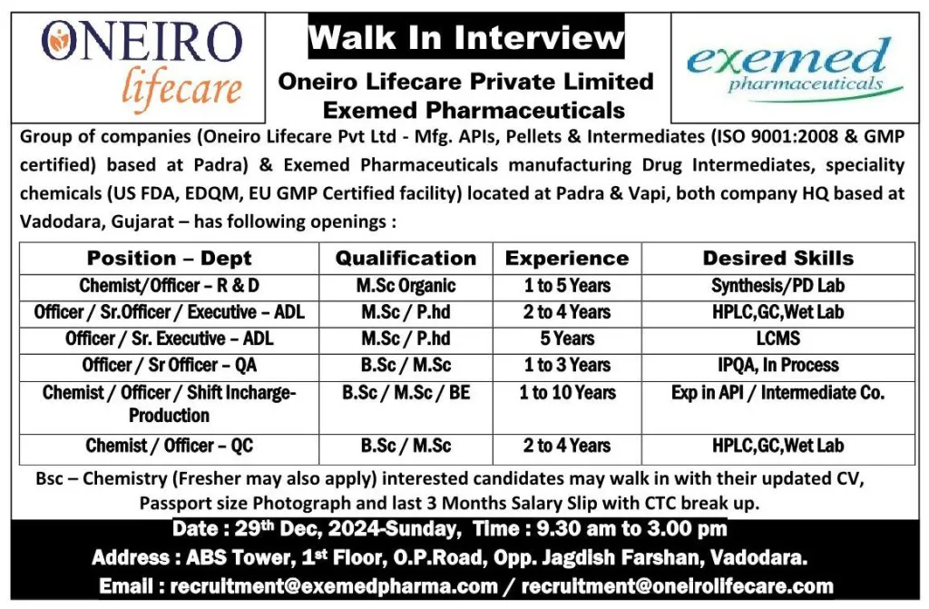 Exemed Pharma (Oneiro Lifecare) Hiring for ADL / QC / QA / Production / R&D Exemed Pharma (Oneiro Lifecare) Hiring for ADL / QC / QA / Production / R&D