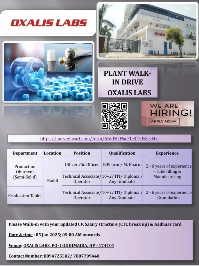 OXALIS LABS Hiring for Production - B.Pharm, M.Pharm, 12th, ITI, Diploma, Any Graduates OXALIS LABS Hiring for Production - B.Pharm, M.Pharm, 12th, ITI, Diploma, Any Graduates