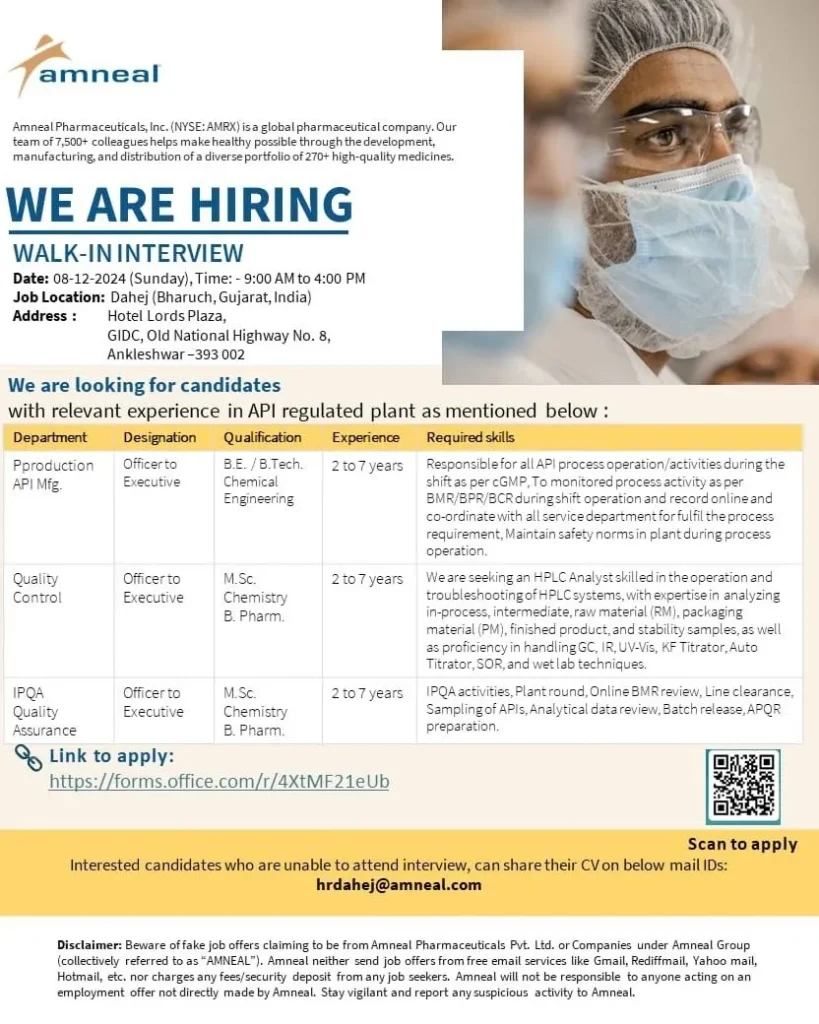 Amneal Pharmaceuticals Hiring for Production / QA / QC Amneal Pharmaceuticals Hiring for Production / QA / QC