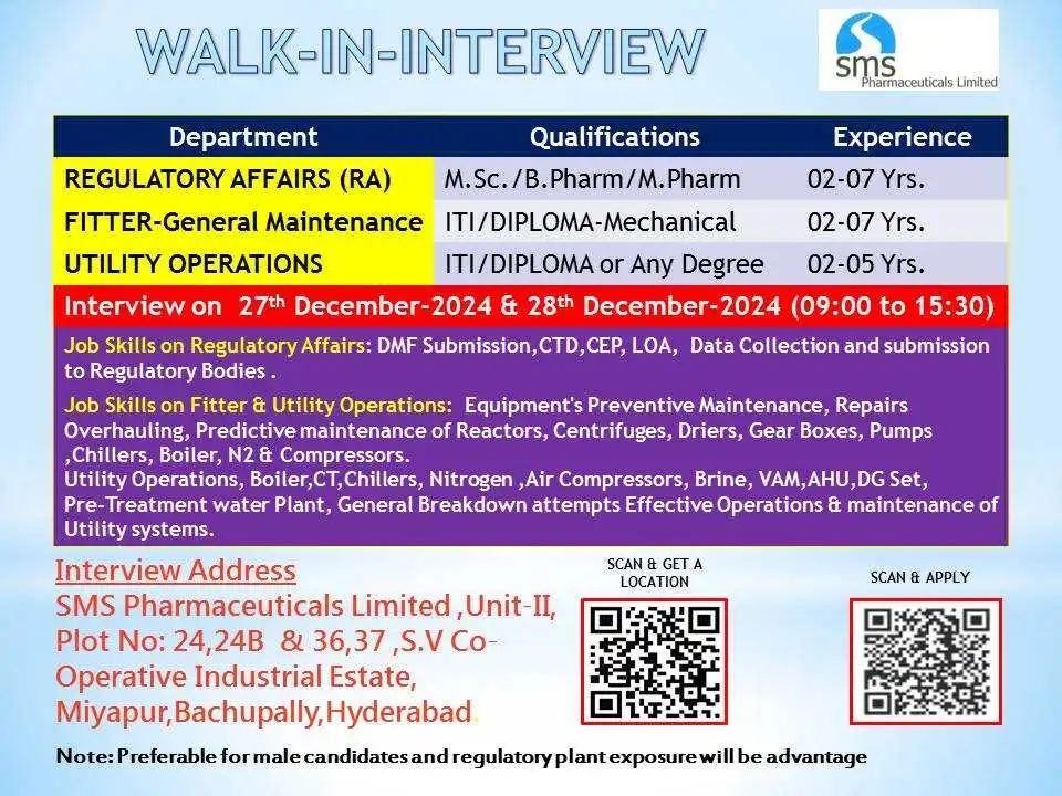 SMS Pharmaceuticals Hiring for Regulatory Affairs / Fitter / Utility Operations SMS Pharmaceuticals Hiring for Regulatory Affairs / Fitter / Utility Operations