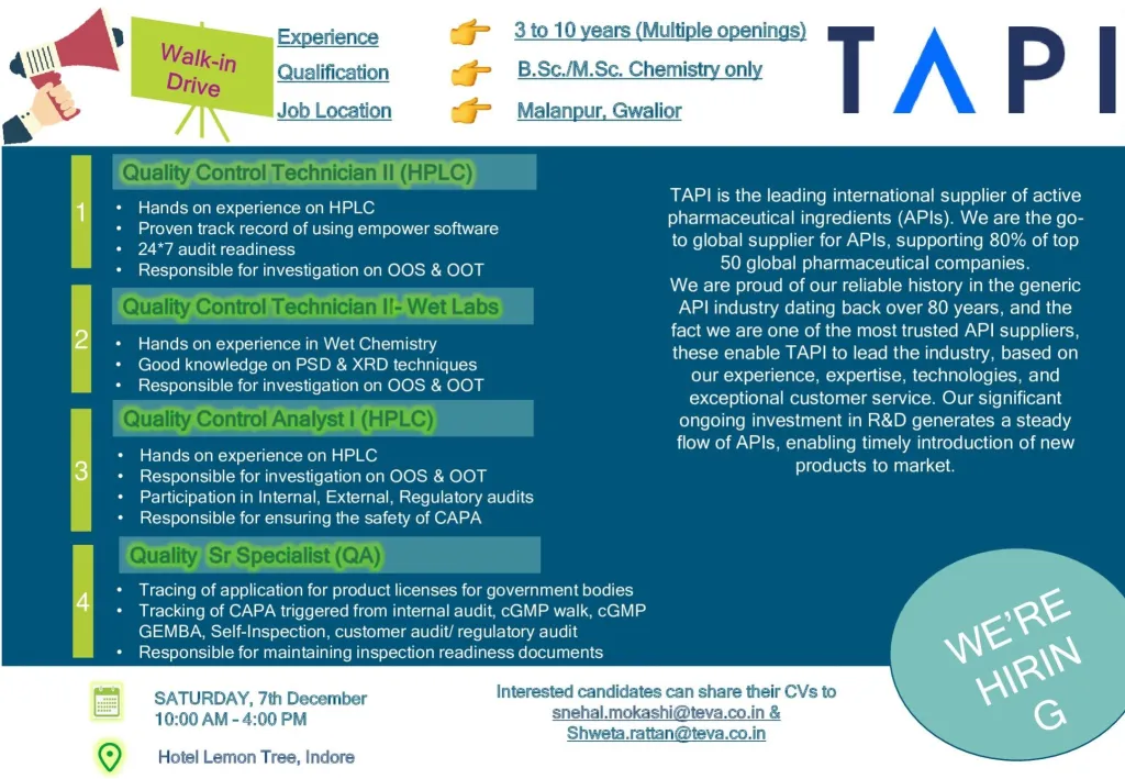 TAPI (Teva Active Pharmaceutical Ingredients) Hiring for Quality Control TAPI (Teva Active Pharmaceutical Ingredients) Hiring for Quality Control