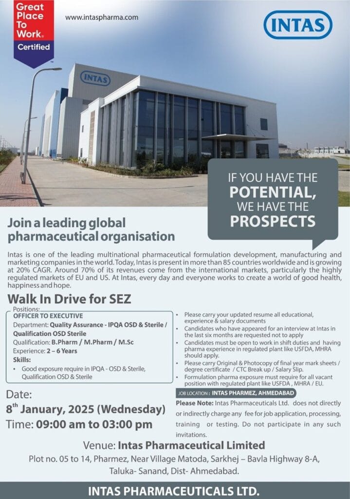 Intas Pharmaceuticals Hiring for Quality Assurance - IPQA Intas Pharmaceuticals Hiring for Quality Assurance - IPQA