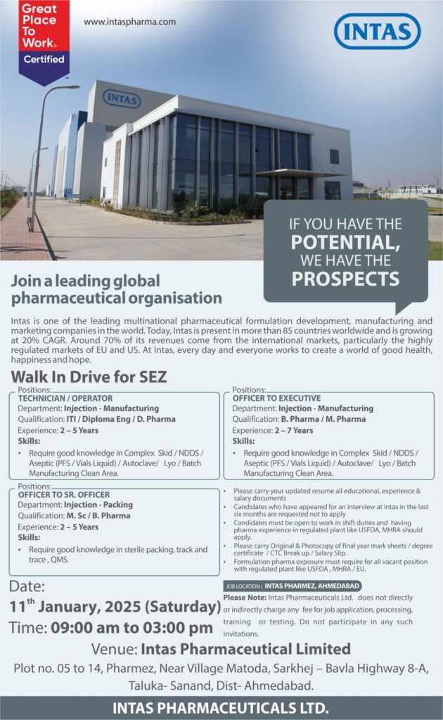 Intas Pharmaceuticals Hiring for Manufacturing/ Packing Intas Pharmaceuticals Hiring for Manufacturing/ Packing