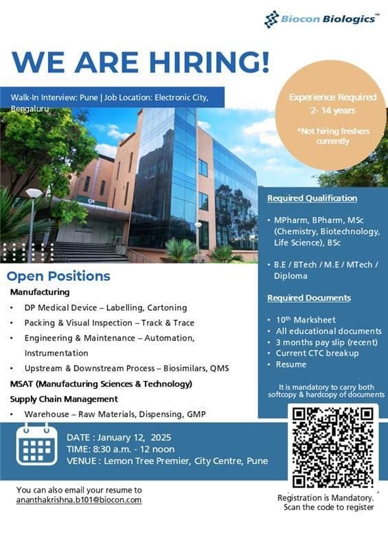 Biocon Biologics Walk-In Interview in Pune Biocon Biologics Walk-In Interview in Pune