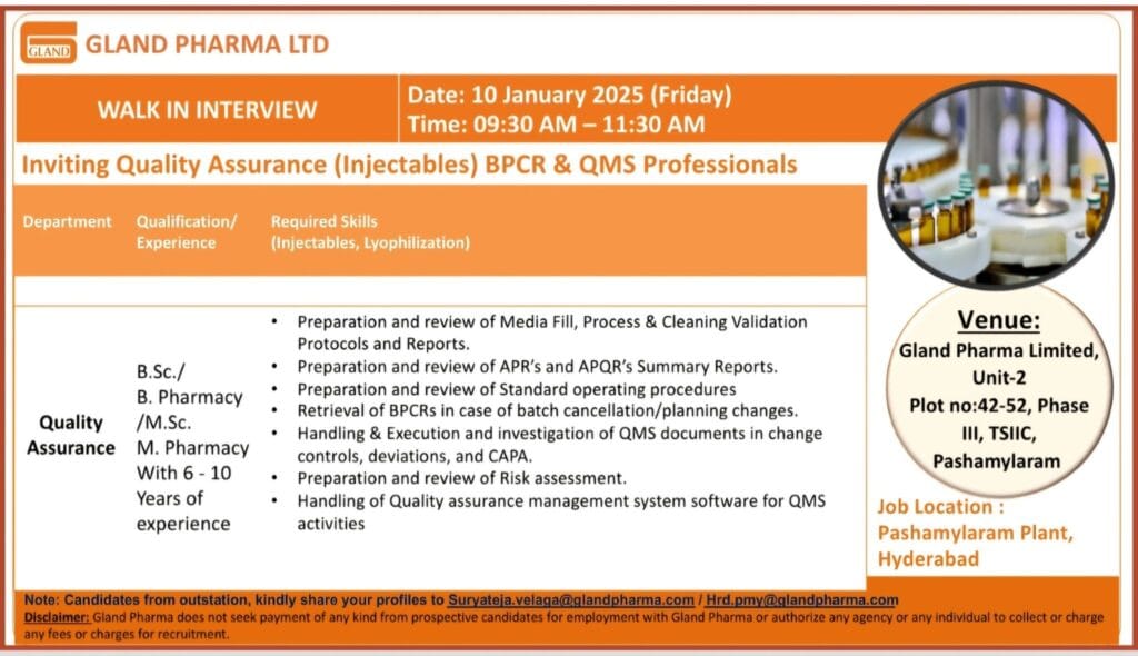 Gland Pharma Hiring for Quality Assurance (Injectables) Gland Pharma Hiring for Quality Assurance (Injectables)