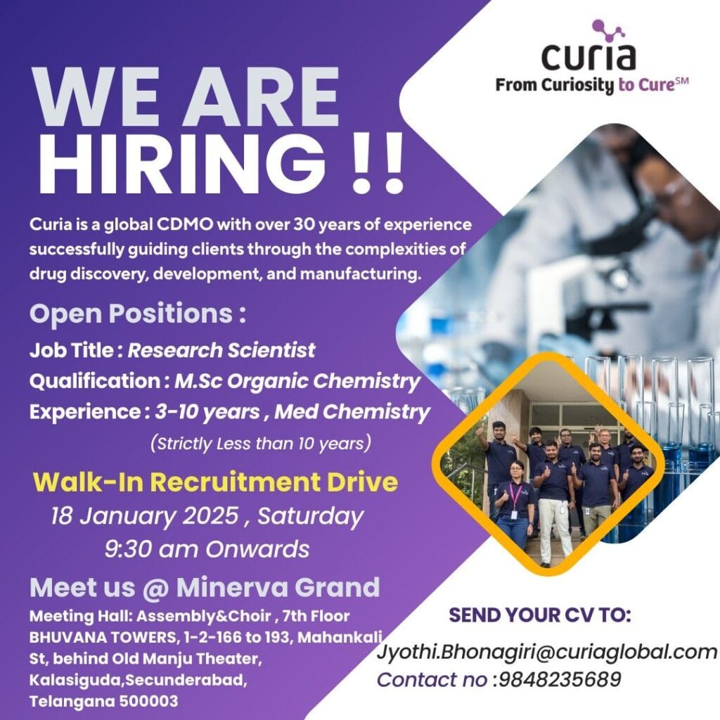 Curia Hiring for Research Scientist - M.Sc Curia Hiring for Research Scientist - M.Sc