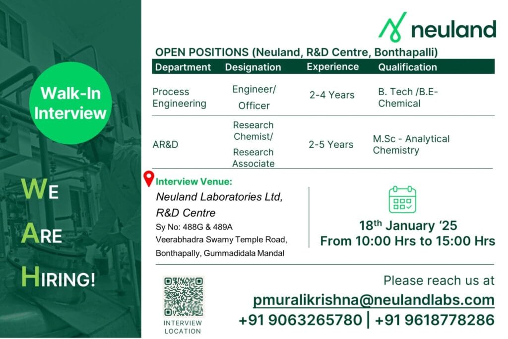Neuland Laboratories Hiring for Process Engineering/ AR&D Neuland Laboratories Hiring for Process Engineering/ AR&D