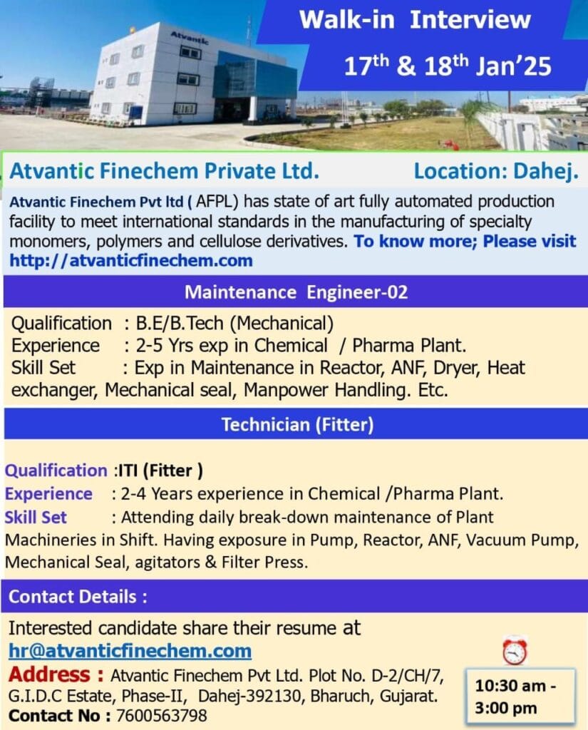 Atvantic Finechem Hiring for Maintenance Engineer/ Technician (Fitter) Atvantic Finechem Hiring for Maintenance Engineer/ Technician (Fitter)